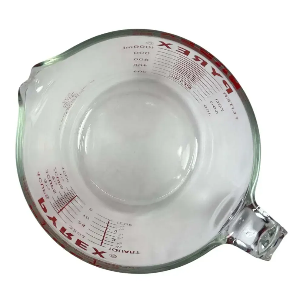 Vintage Pyrex Glass Measuring Cup Red Lettering Open J Handle 4 Cup 1 Quart #532